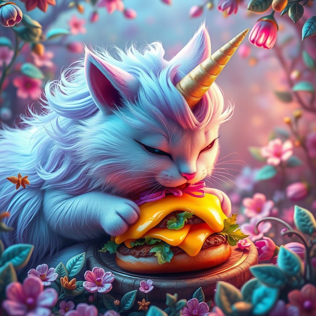 Majestic Kitty Unicorn Devours Enchanted Cheeseburger in Dre...