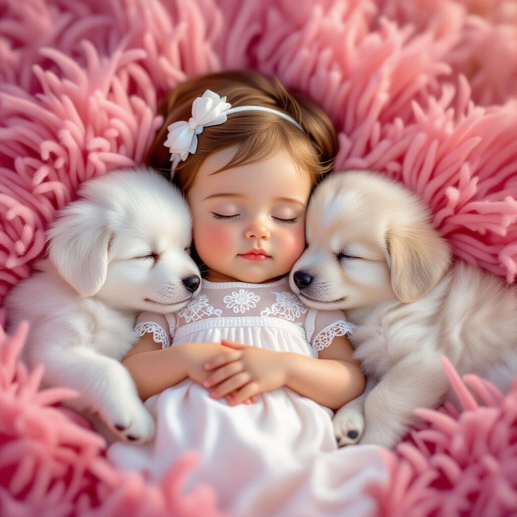 Baby Girl Sleeps Peacefully With White Puppies on Pink Grass