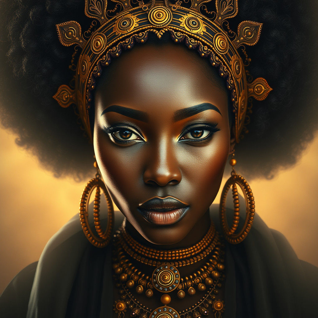 Regal African Goddess Portrait with Gold Accents