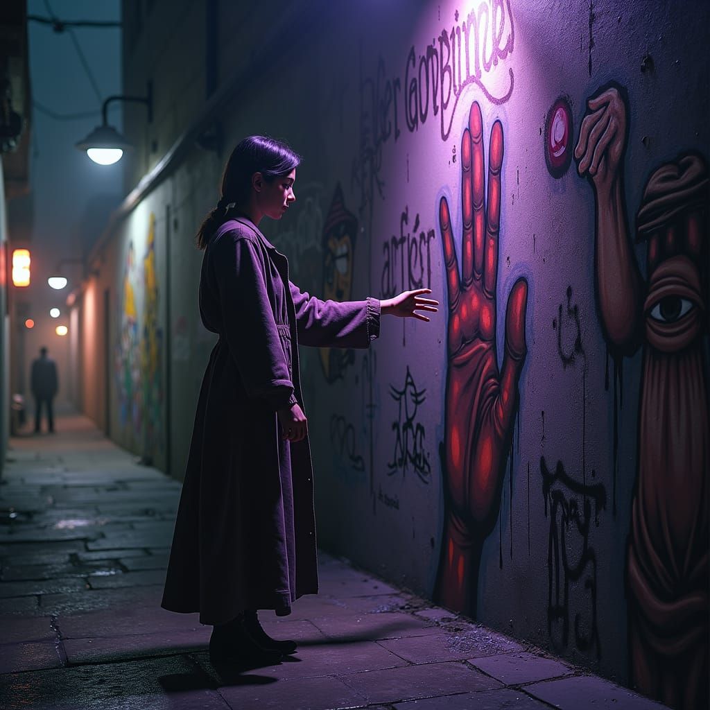 Surreal Alley Encounter: Woman Reaching for Mural Hand