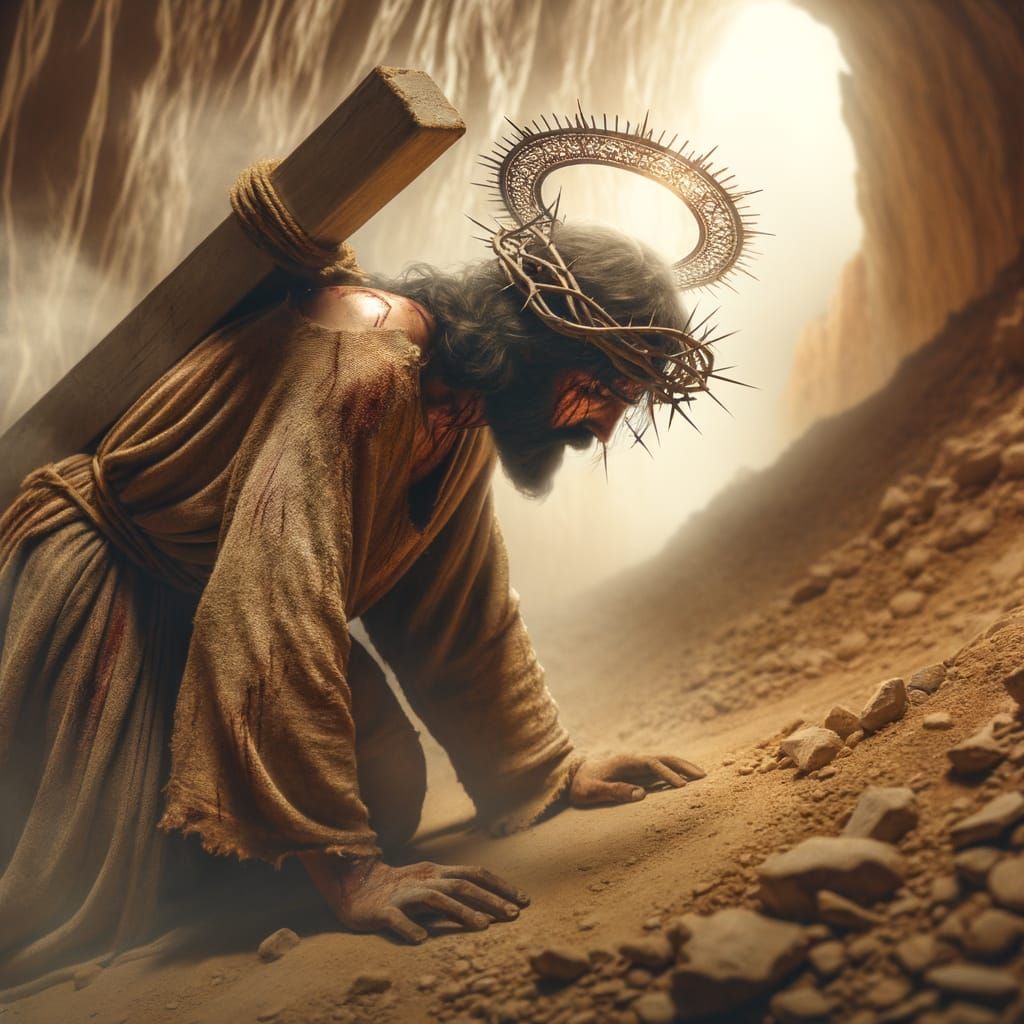 Jesus Christ Struggling Uphill with Cross