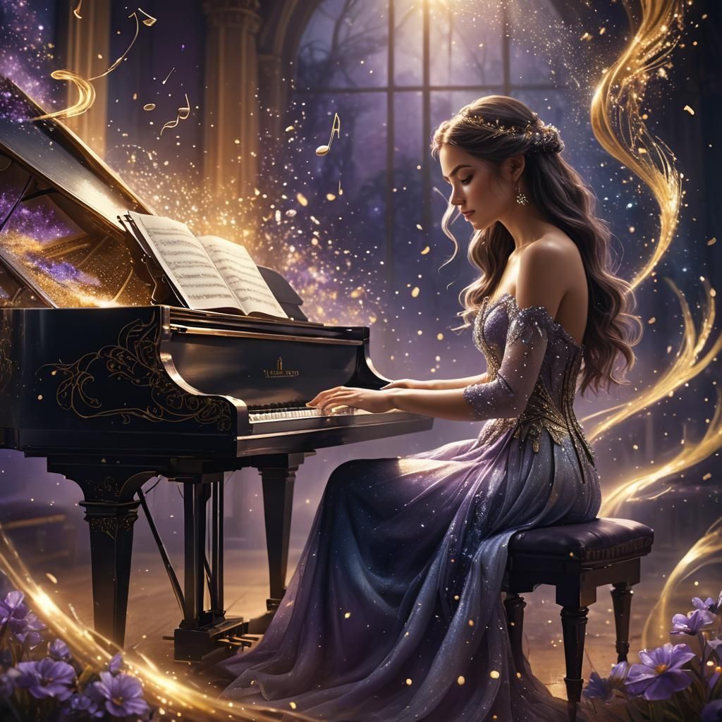 Dreamy Girl Playing Piano in Digital Matte Painting