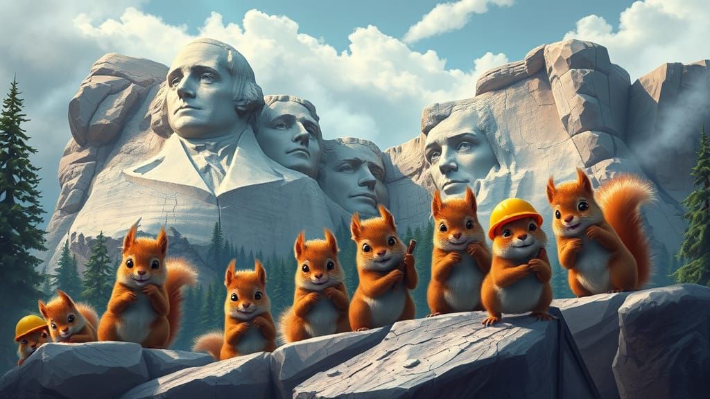 Squirrel Construction Crew Carving Mount Rushmore