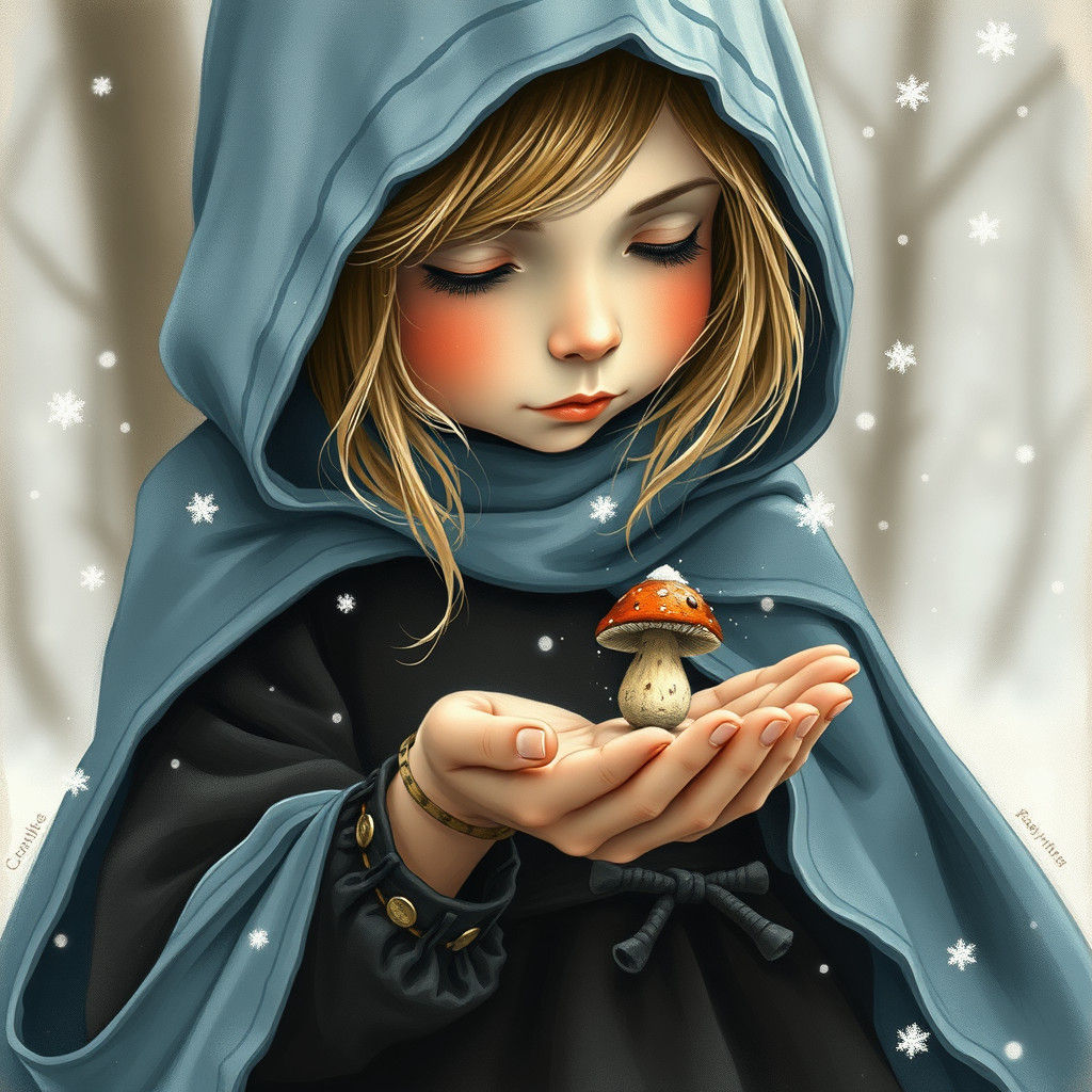 Girl with Mushroom Child in Snowy Scene