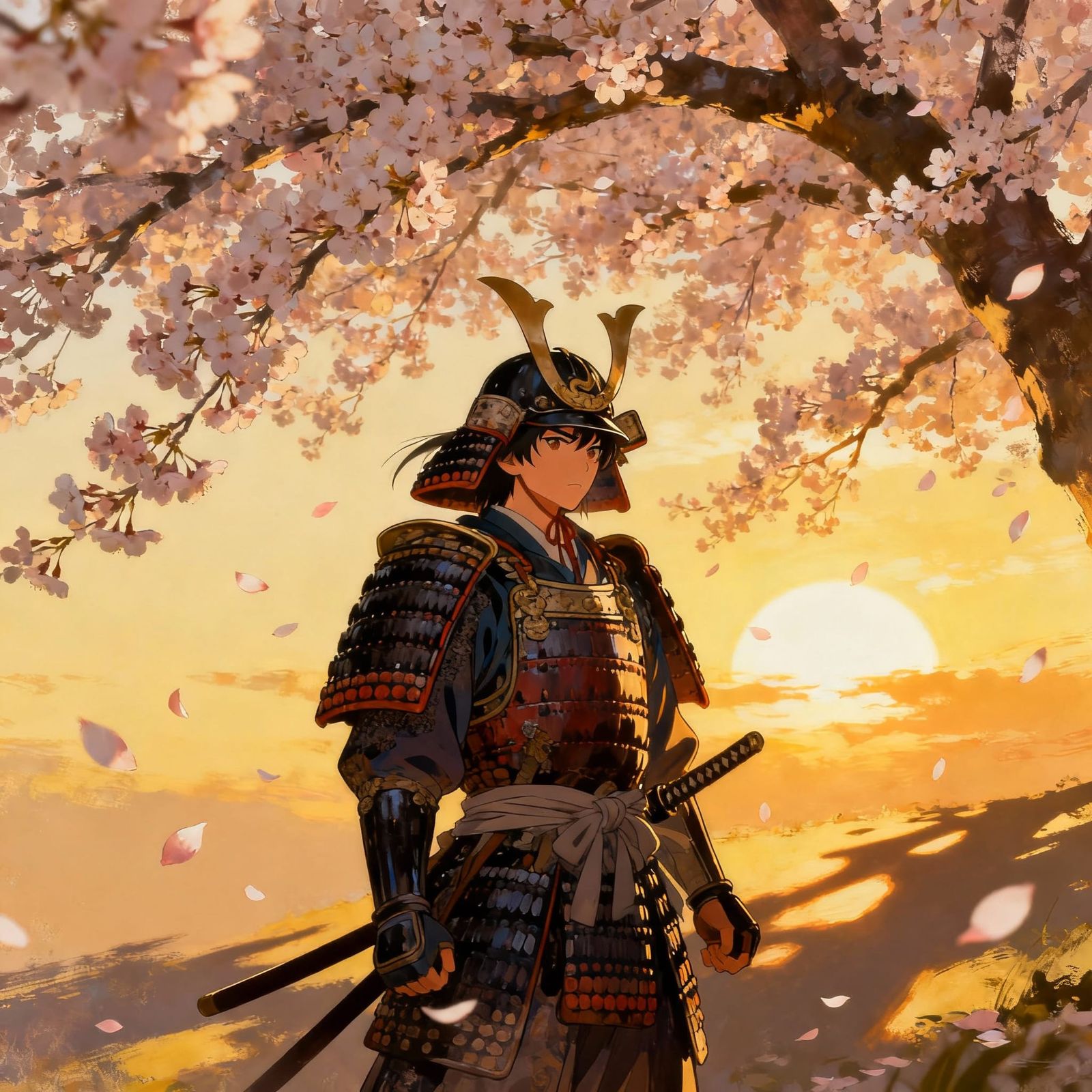 Anime Samurai Among Cherry Blossoms at Sunset