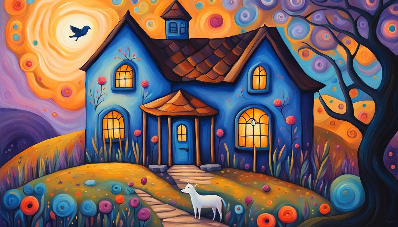 Naive Acrylic Painting of House and Animal