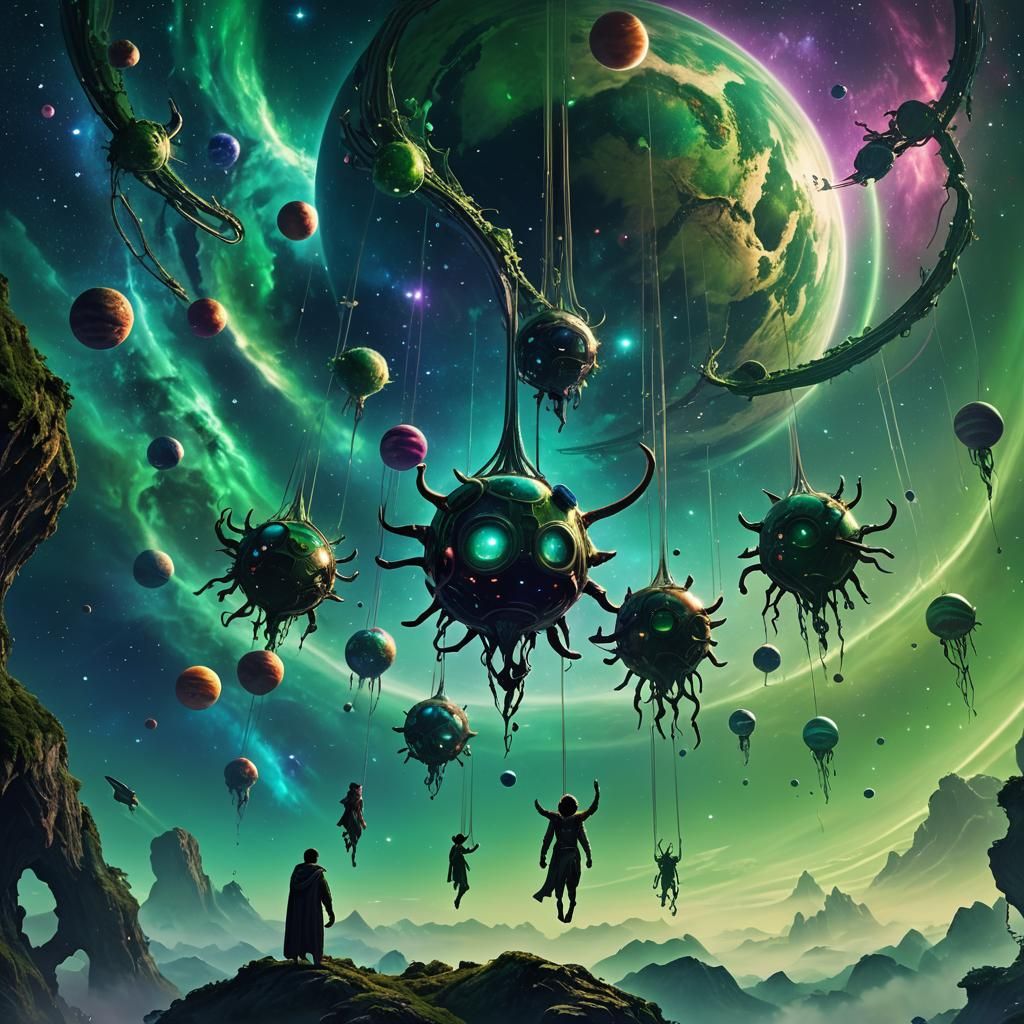 Emerald Sky: Surreal Hanging Figures in Matte Painting