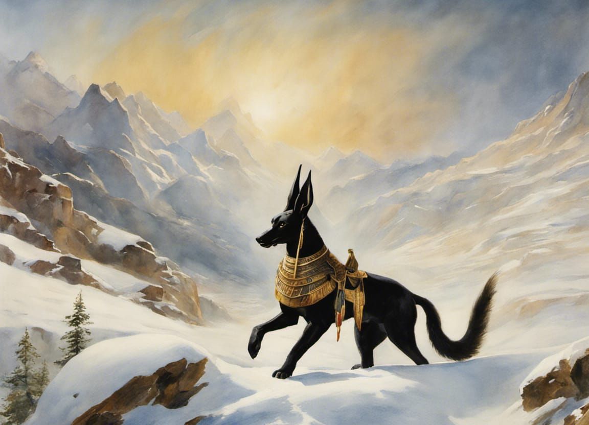 Anubis Frolics in Snowy Mountains: Watercolor Masterpiece