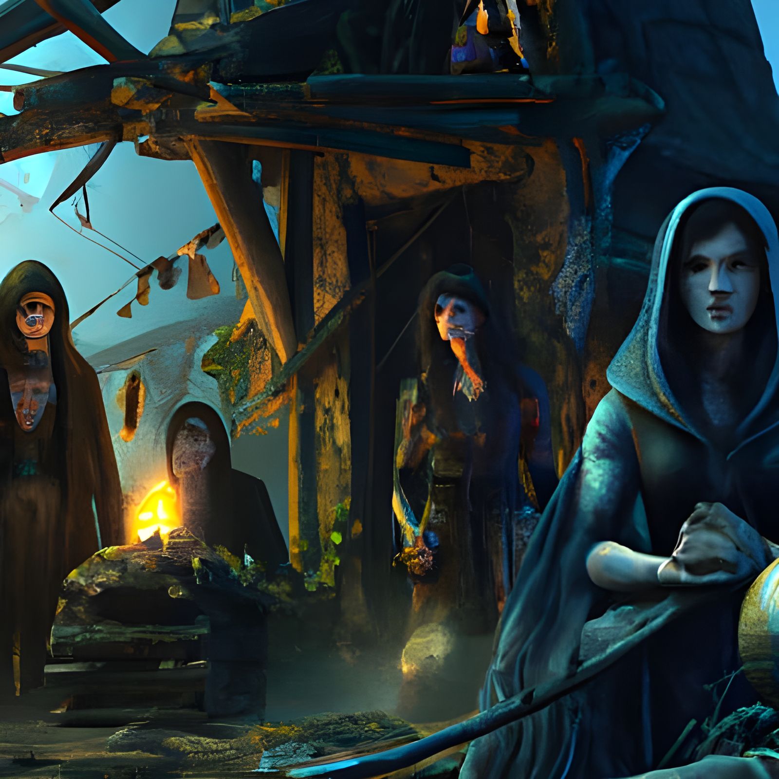 Hyperdetailed Witch Coven in Dark Fantasy Style