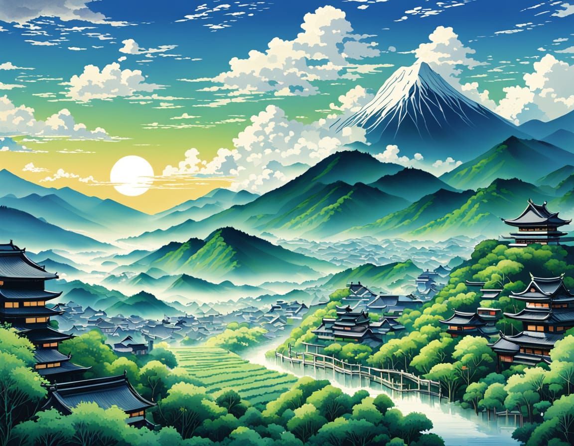 Serene Japanese Morning Over Bamboo Forest Mountains