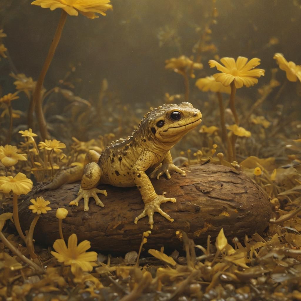 Vibrant Yellow Salamander in Bioluminescent Fantasy Landscap...
