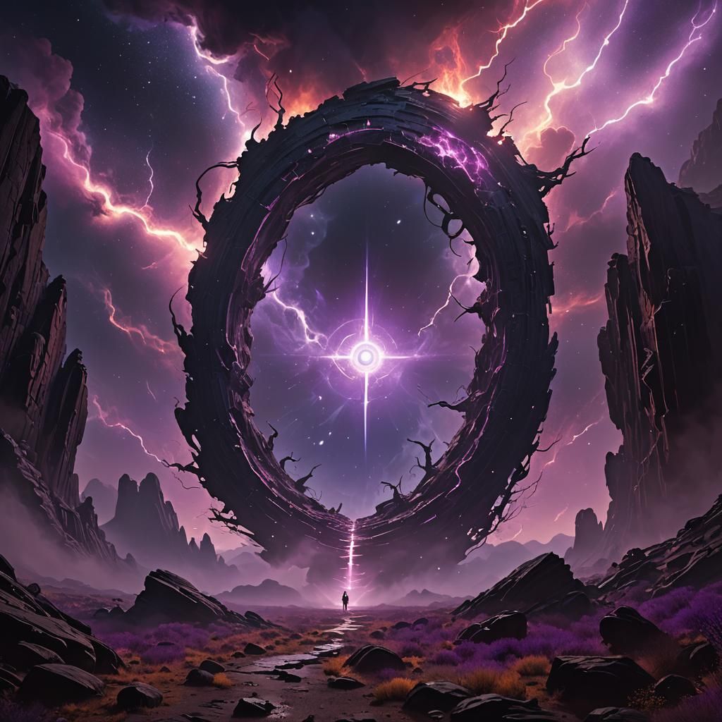 Cosmic Horror Portal with Purple Nebulae in Art Deco Style