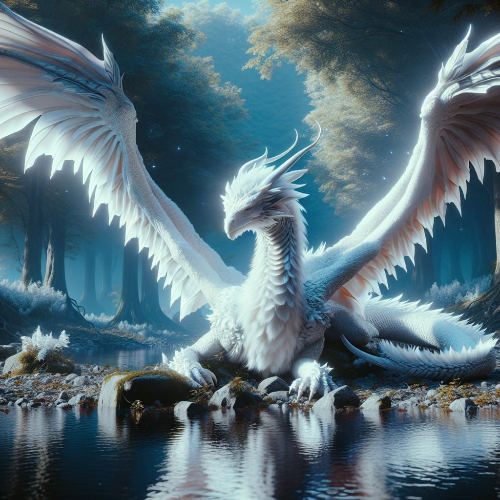 Hyperrealistic Fluffy White Dragon Beside Pond