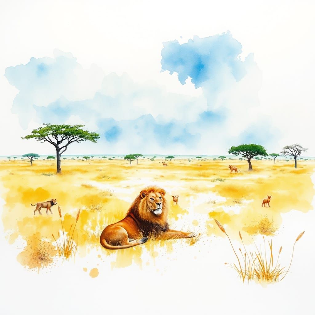 Savannah Scene in Vibrant Watercolour Style