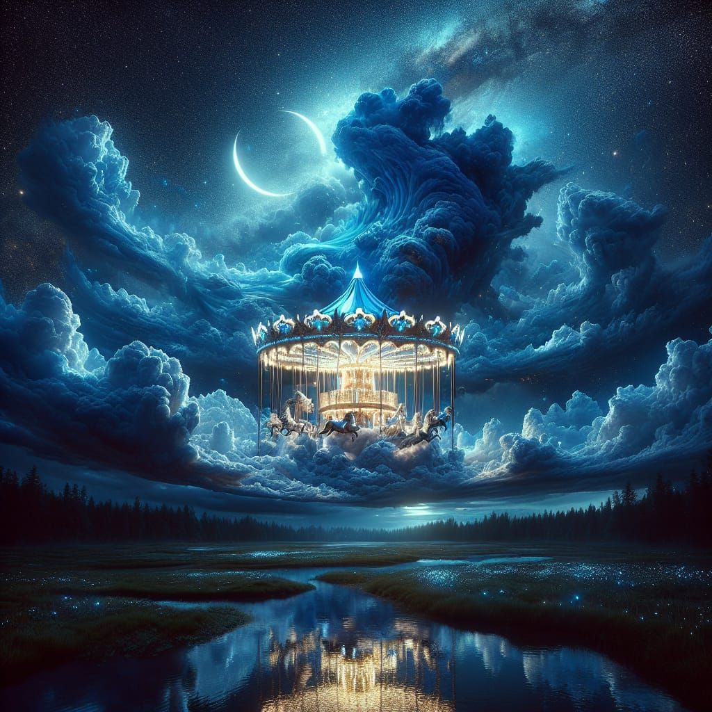 Blue Carousel Soaring Through Starry Night Sky
