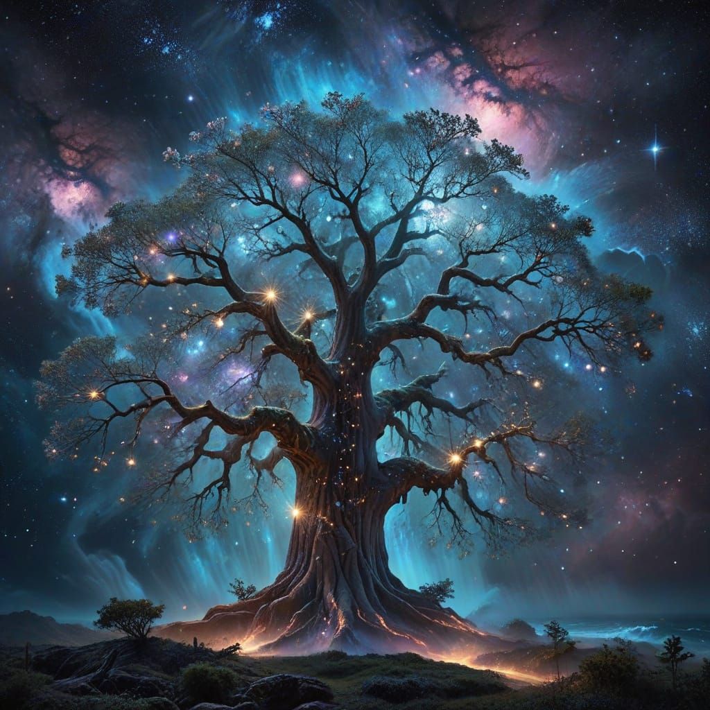 Ethereal Cosmic Tree of Light Ascends into Galaxies