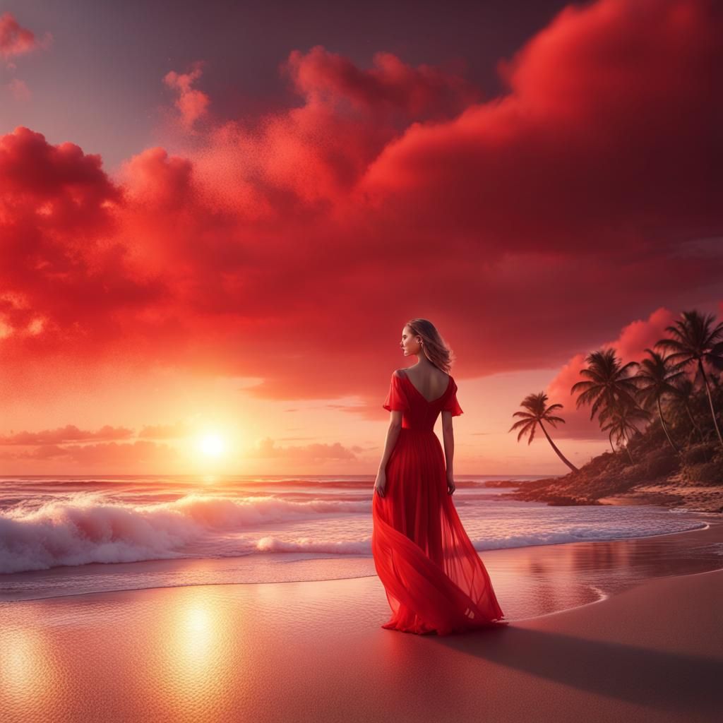 Double Exposure: Girl in Red Dress at Sunset