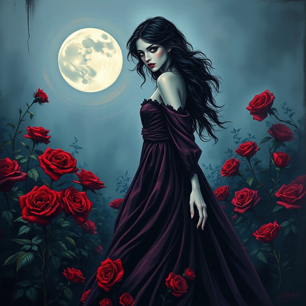 Elegant Vampire in Moonlit Garden with Crimson Roses