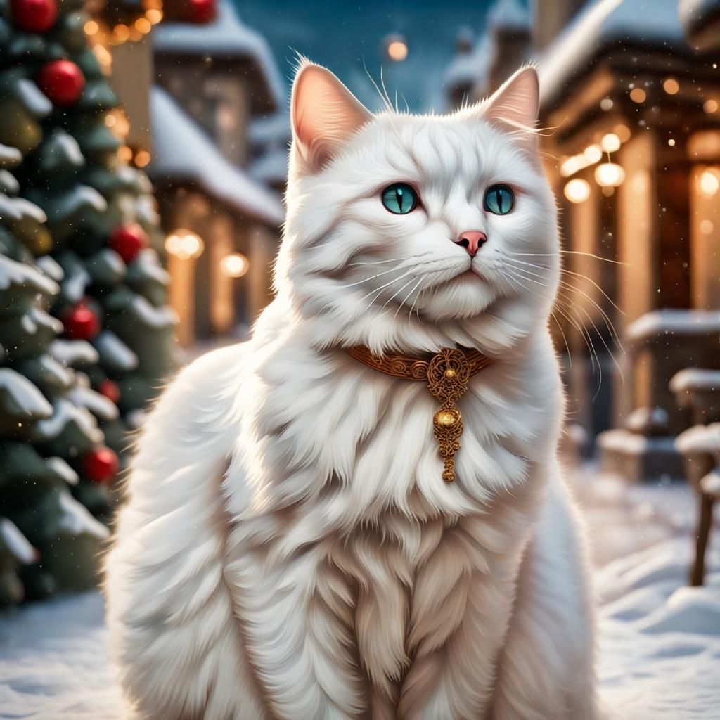 White Cat Celebrates New Year in Hyperrealistic Style