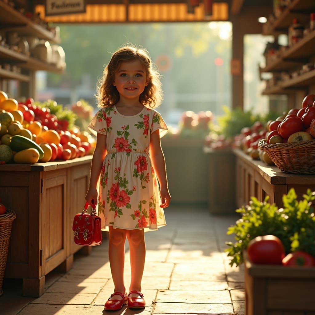 Girl at 1950s Market in Digital Matte Painting Style