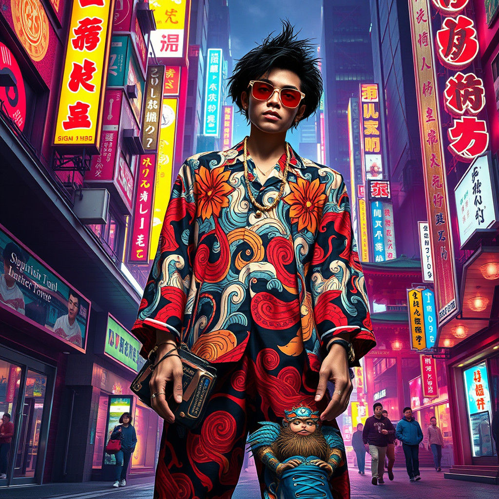 Funky Japanese Rapper in Neon Tokyo Street