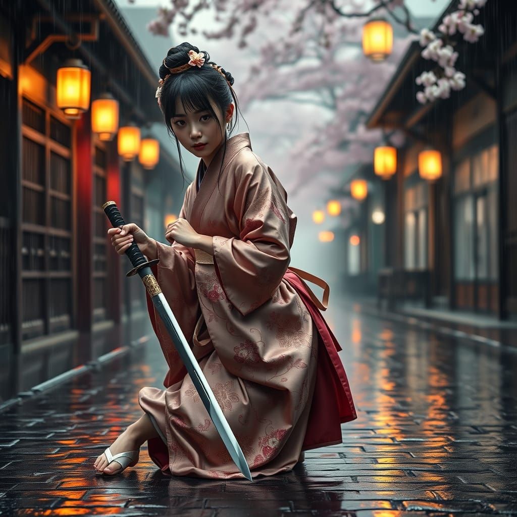 Serene Japanese Warrior in Rainy Edo Period Street