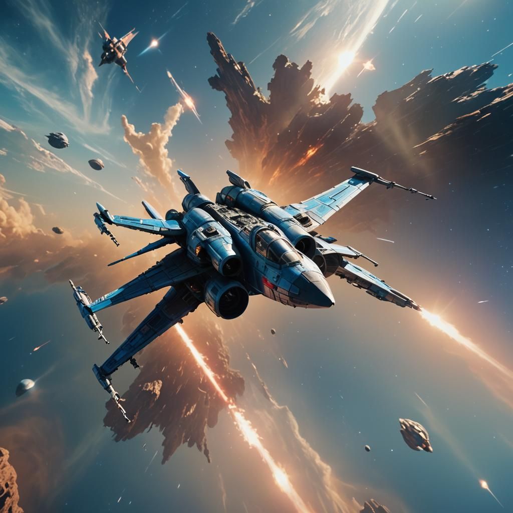 Spaceship Flies from Blue Planet in Sci-Fi Style