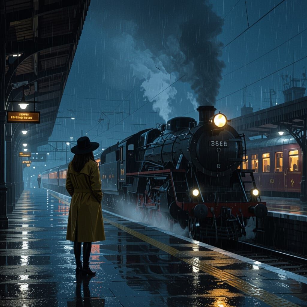 Woman Awaiting Train on Rainy Platform