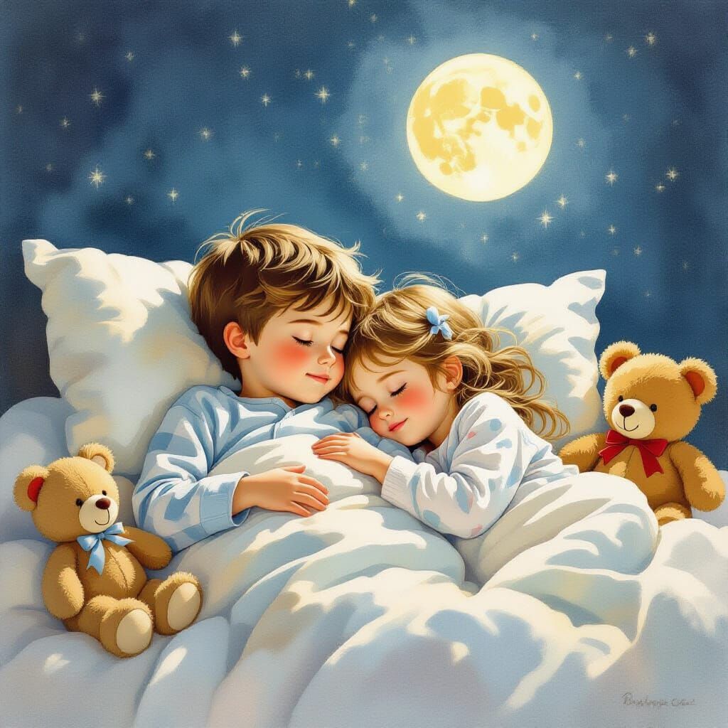 Children Sleeping Peacefully in Moonlit Bedroom, Watercolor ...
