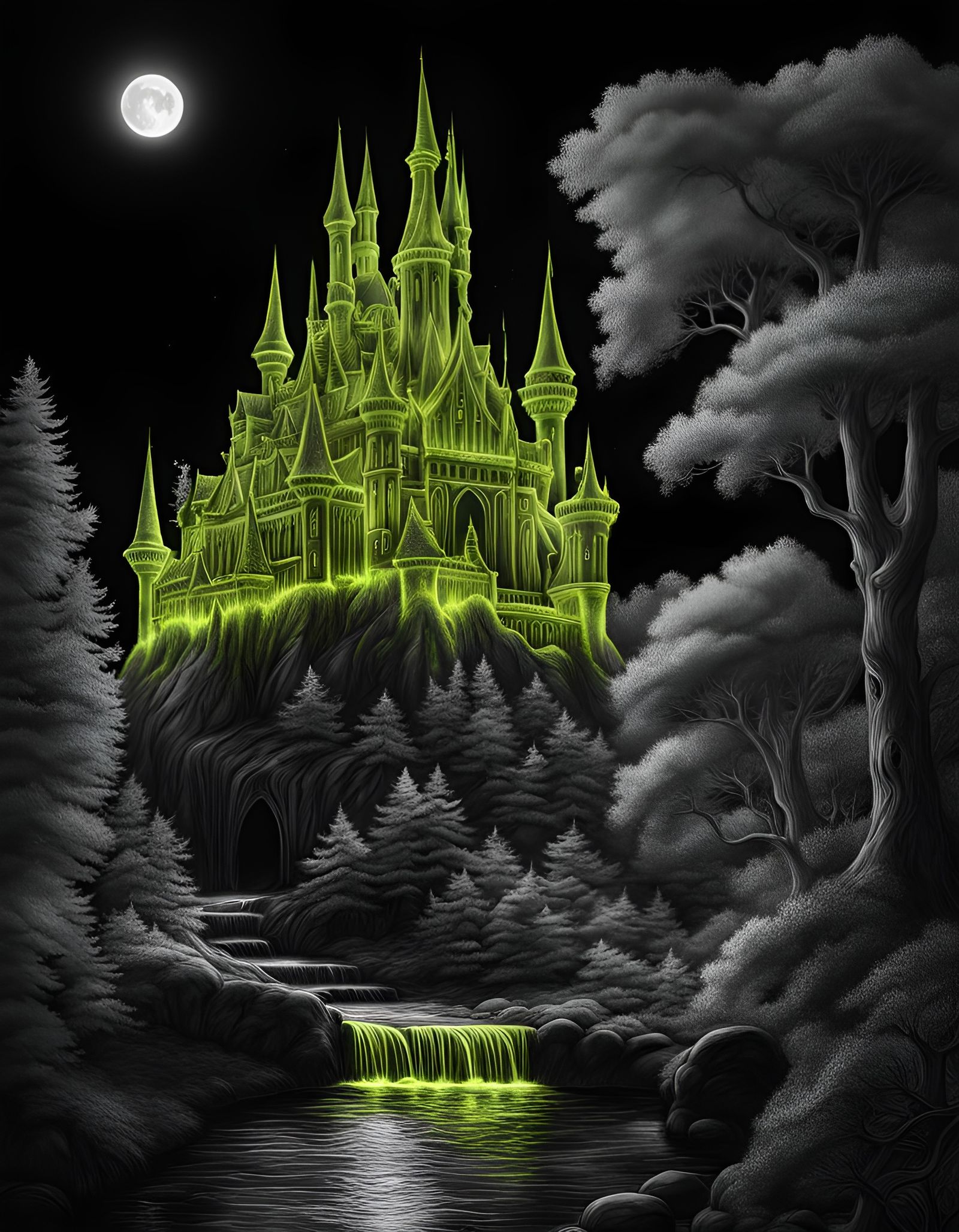 Bioluminescent Water Castle: Black and White Charcoal Drawin...