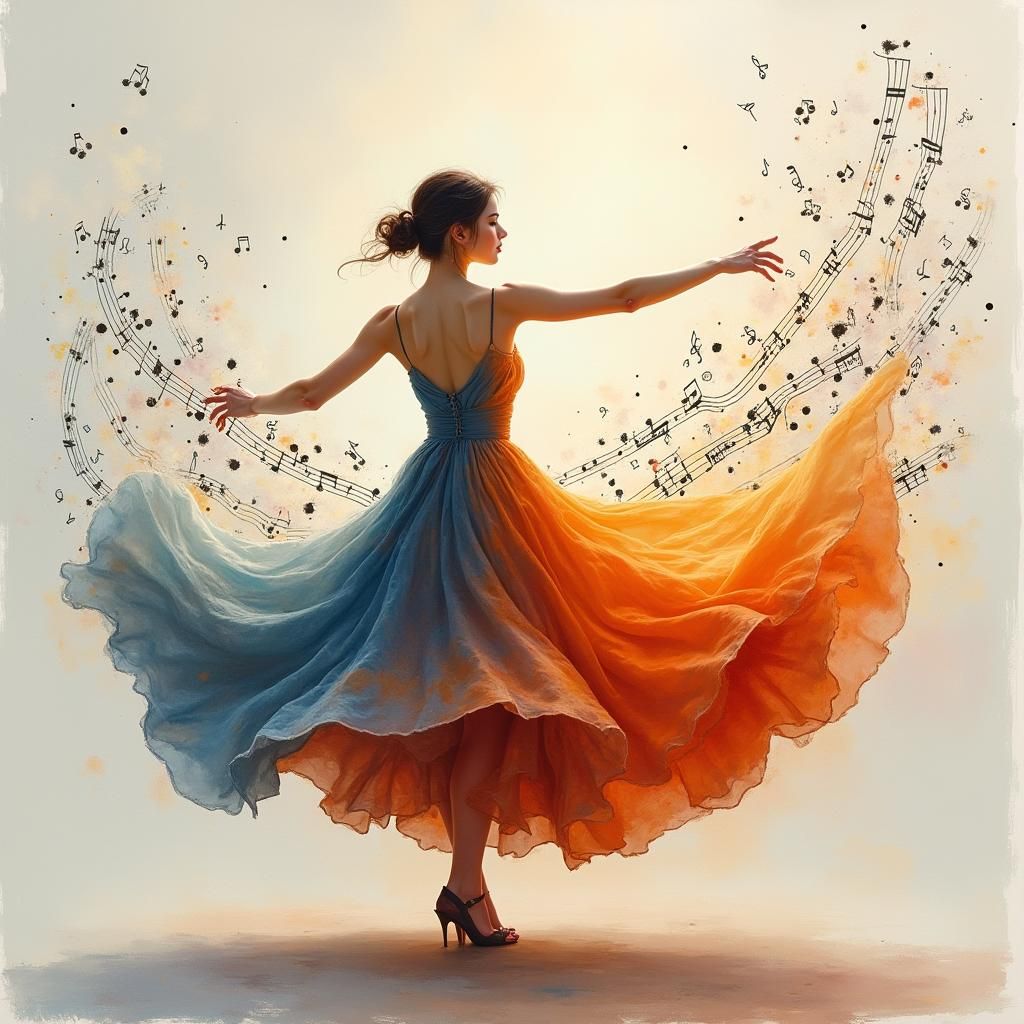 Dancing Woman Directing Music in Gouache Style