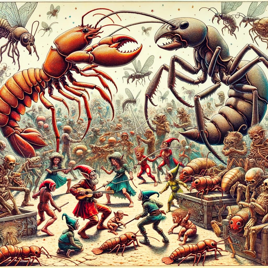 Goblins Dance Amidst Ants and Lobsters in Retro Fantasy Scen...