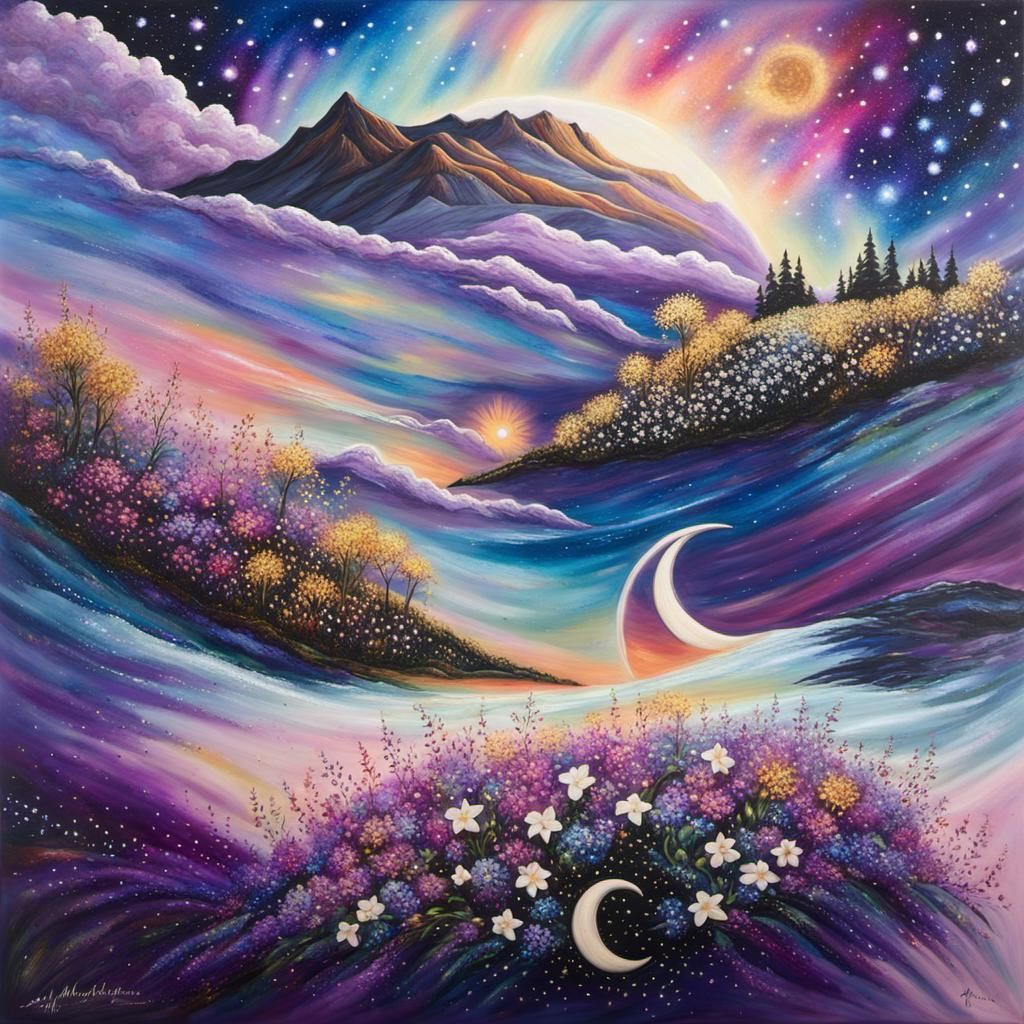 Iridescent Fantasy Landscape with Cosmic Sky