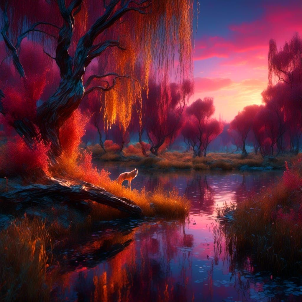 Luminous Landscape with River and Distant Wolf