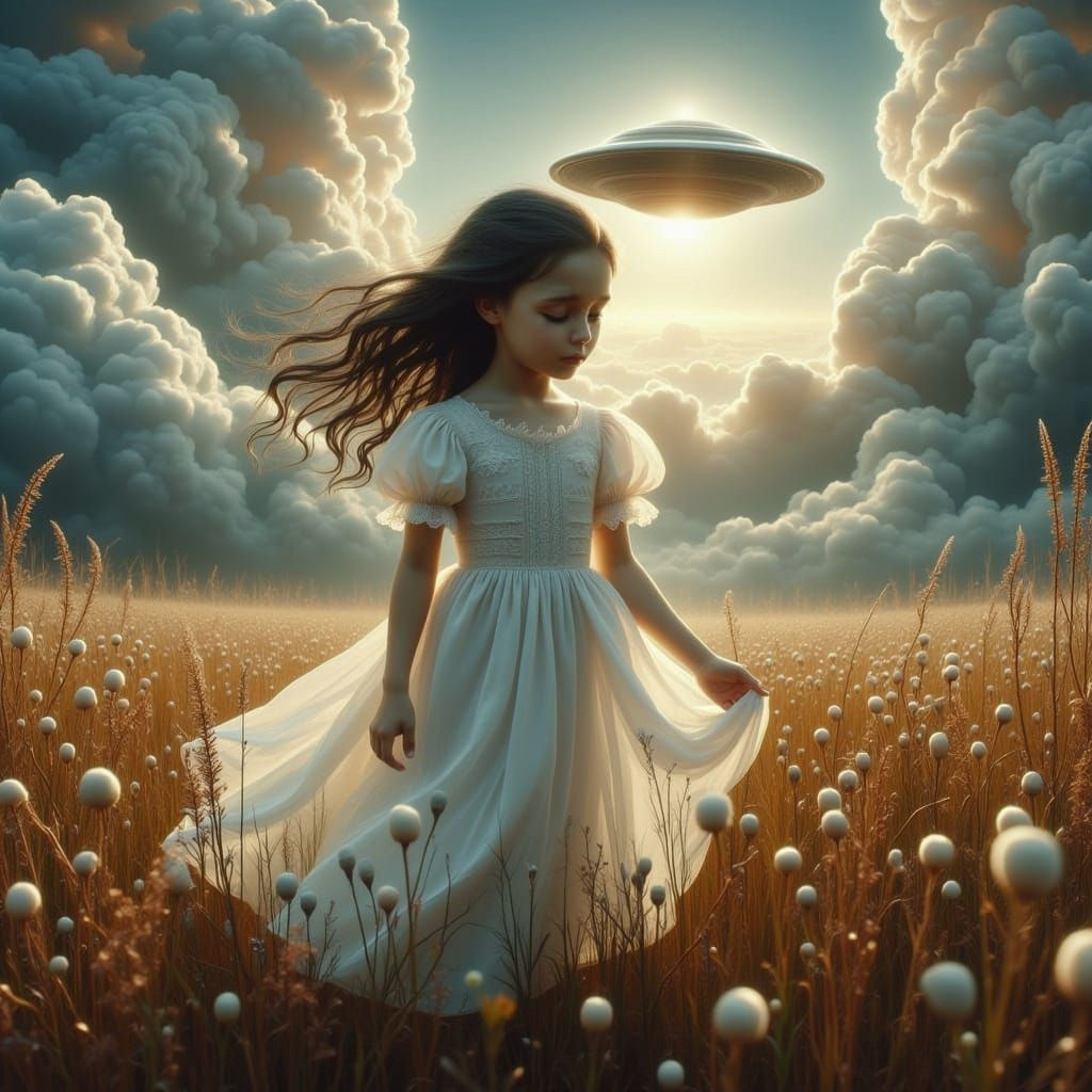 Mysterious Girl and UFO in Hyperrealistic Style