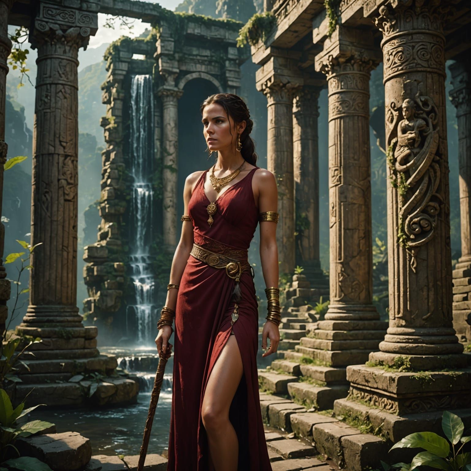 Woman in Red Dress in Ancient Temple Ruins