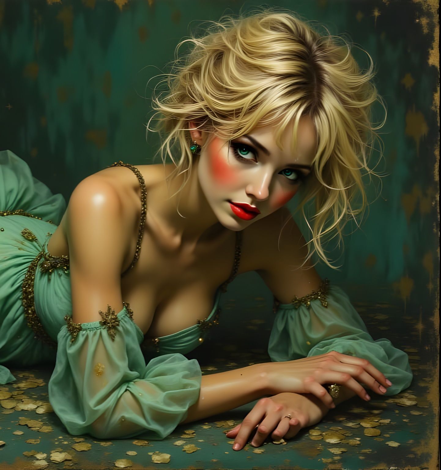 Norse Goddess in Emerald and Gold Masterpiece