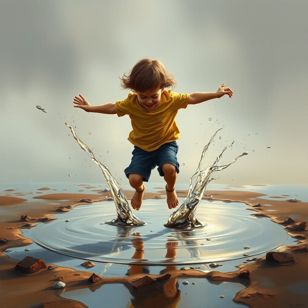 Vibrant Spring Scene with a Child Splashing in a Puddle