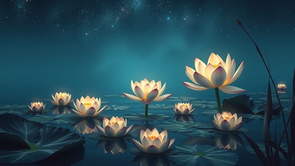 Surreal Water Scene with Glowing Lotus Flowers
