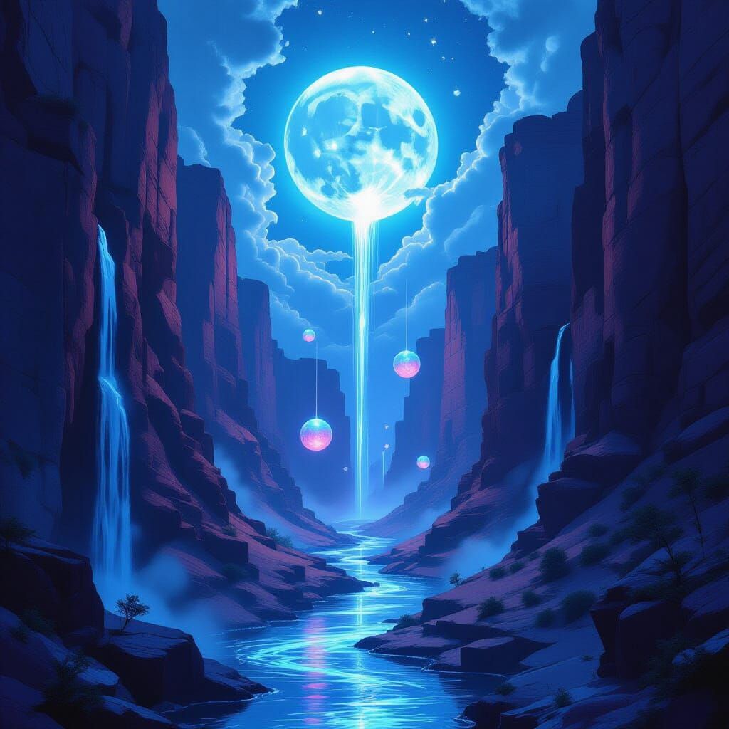 Mystical Canyon with Rivers Flowing Upward