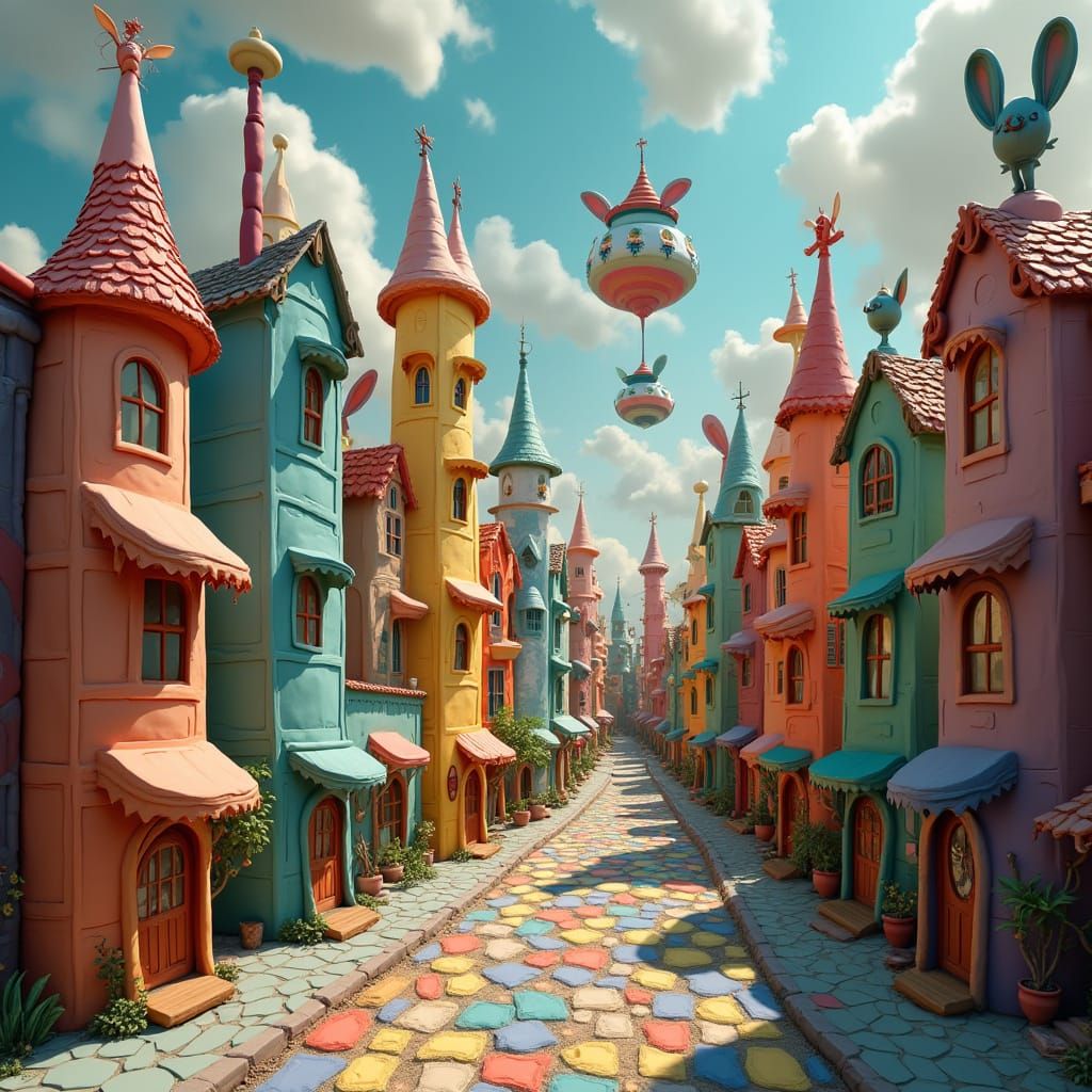 Whimsical Claymation Cityscape with Floating Islands