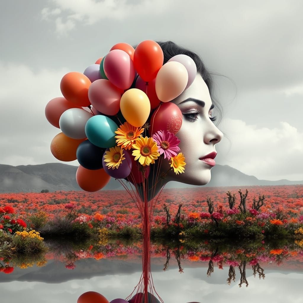 Surreal Double Exposure: Woman, Balloons, Dreamscape