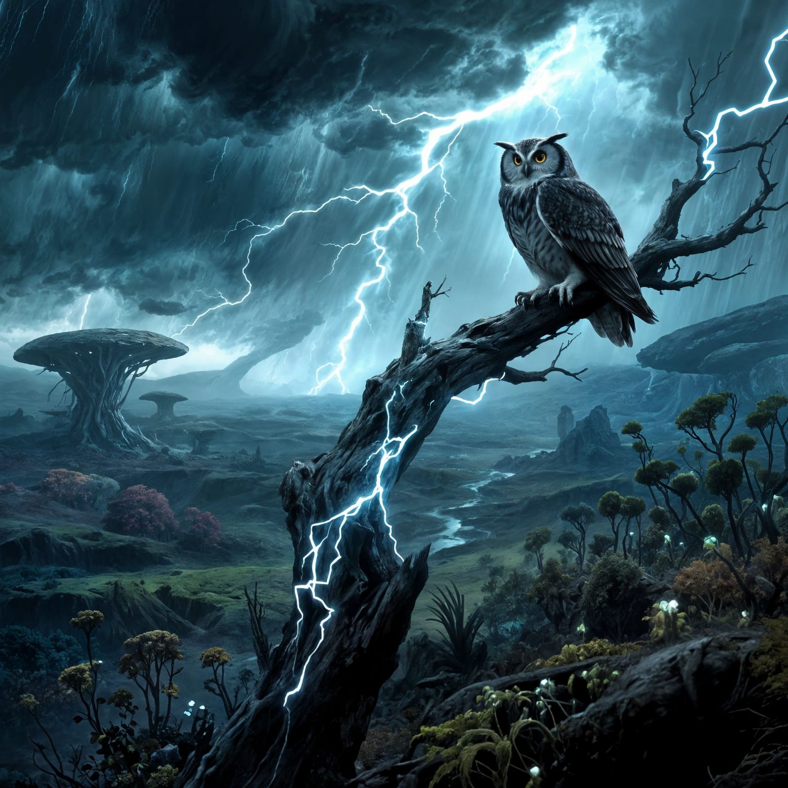 Owl on Lightning Branch in Dark Fantasy Landscape