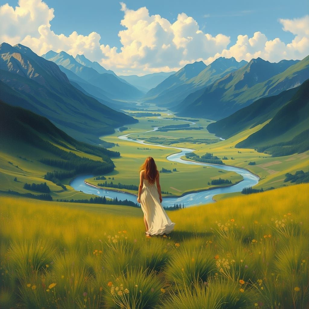 Serene Woman in Lush Mountain Meadow