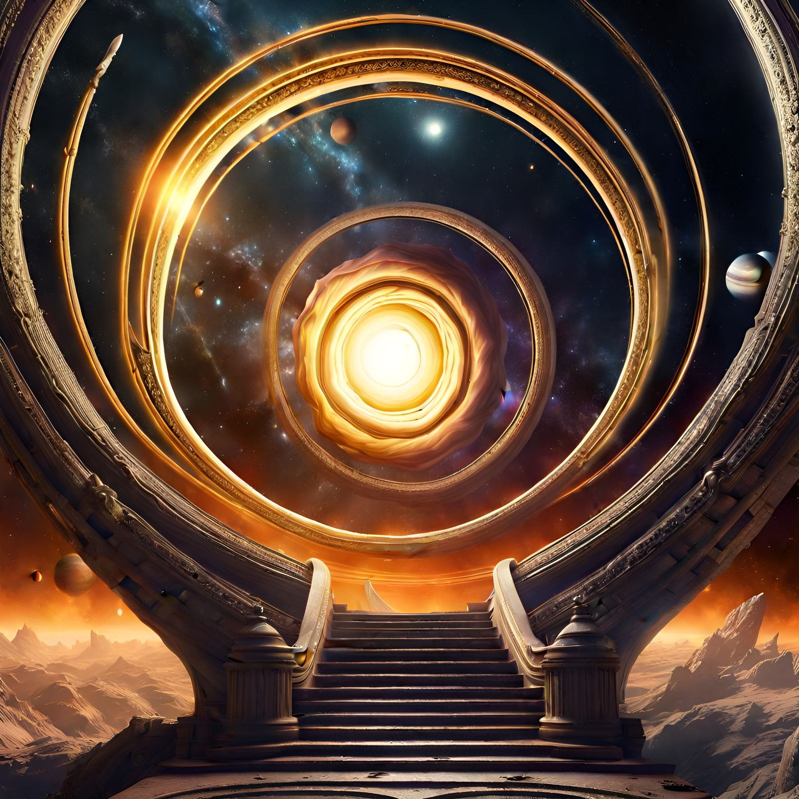 Metaphysical Staircase Spirals Around Saturn in Detailed Mat...