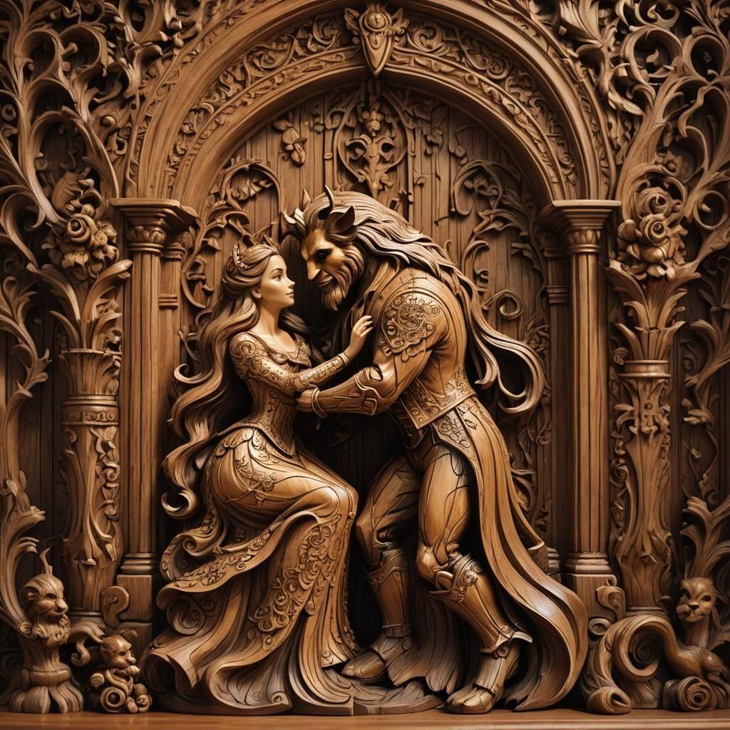 Detailed Wood Carving of Beauty and the Beast