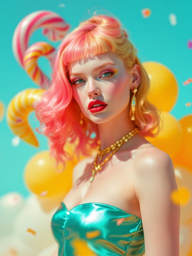 Pin-Up Woman in Metallic Dress, Pink and Blonde Hair