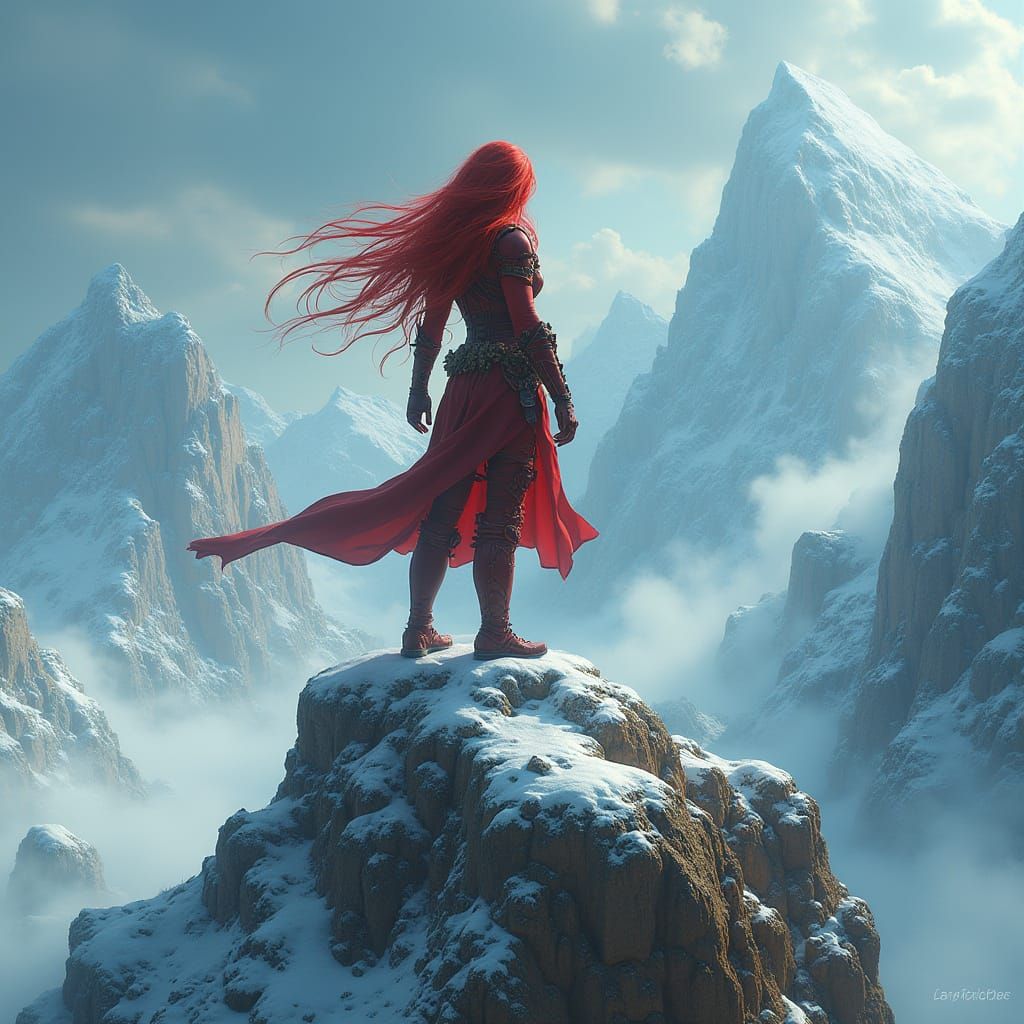 Crimson Warrior Conquers the Windswept Peaks