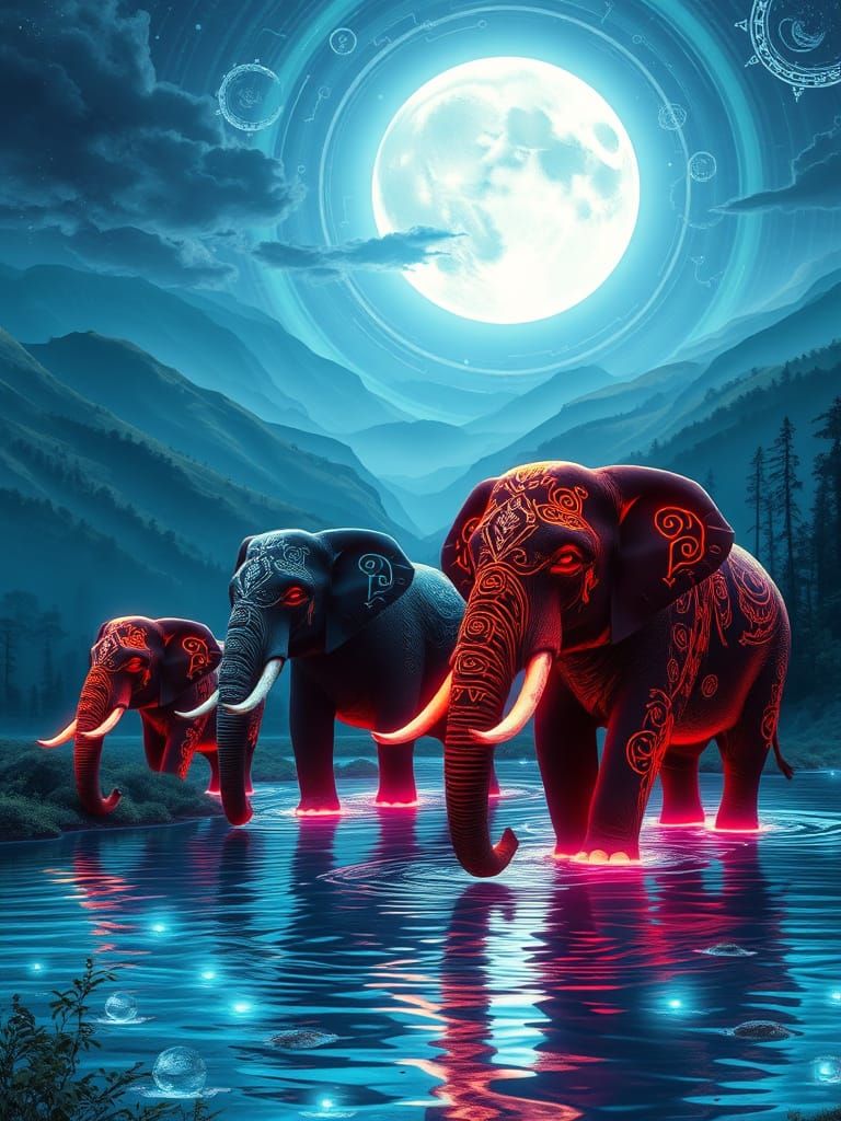 Ethereal Azure Elephants in Ancient Forest Valley