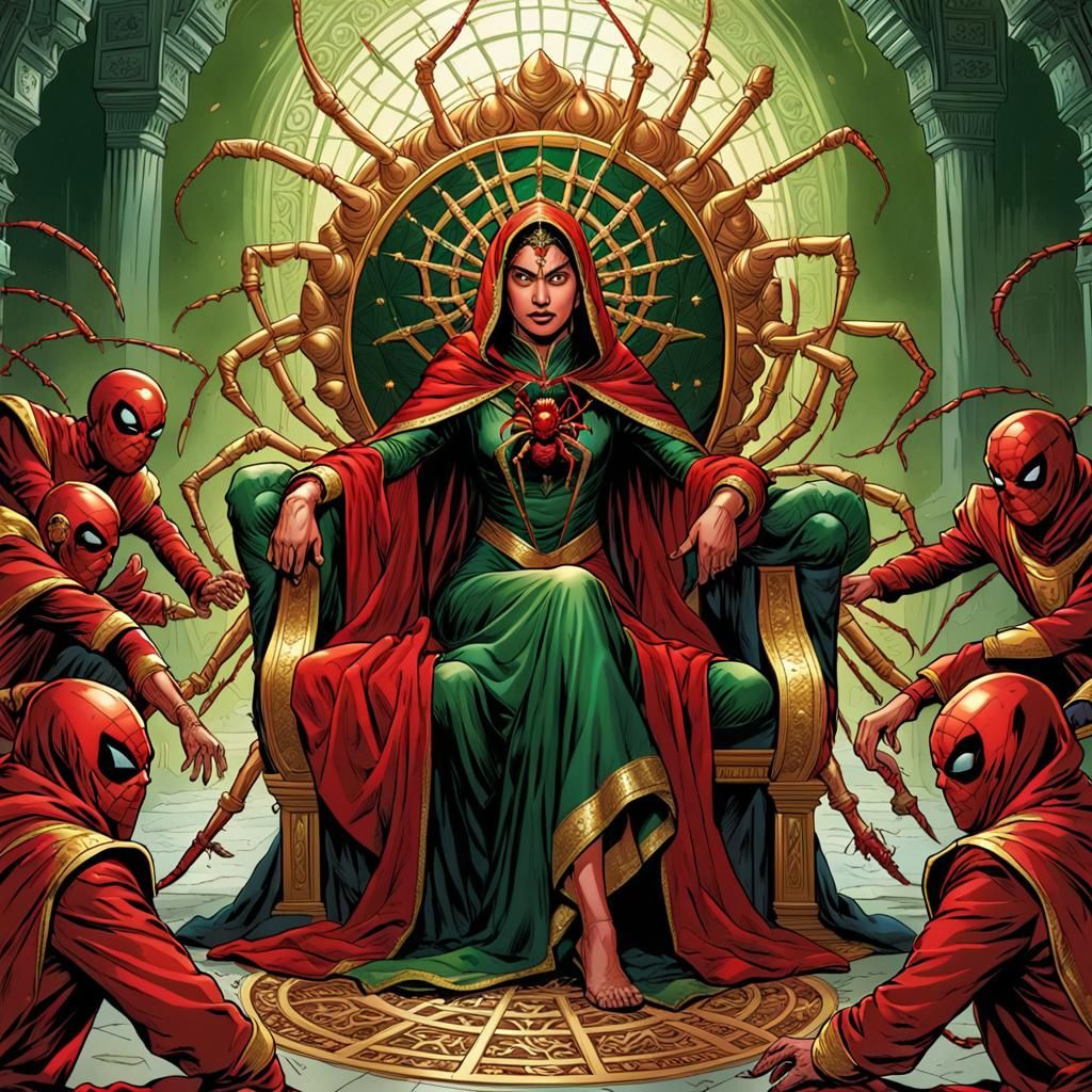 Indian Goddess on Spider Throne, Comic Book Art